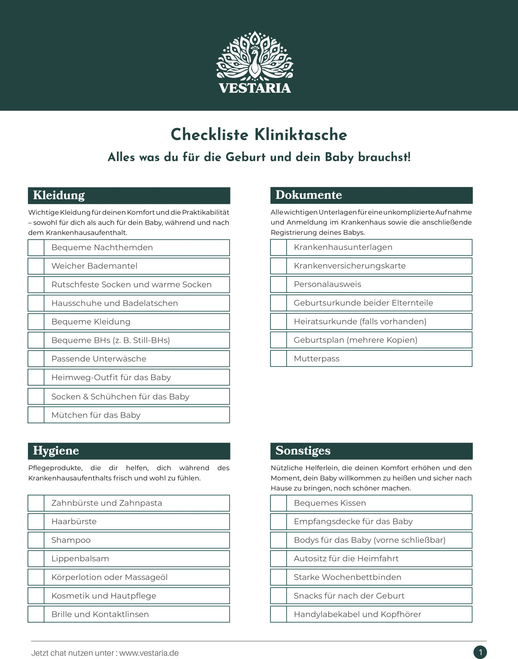 Checkliste_Kliniktasche_Vestaria checkliste kliniktasche geburt